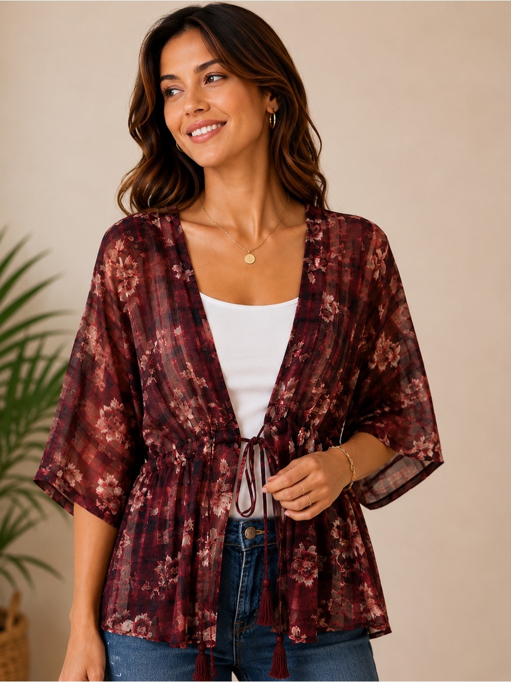 BCBGeneration Sheer Floral Kimono Top Burgundy Tie Waist Bell Sleeve Women’s M/L